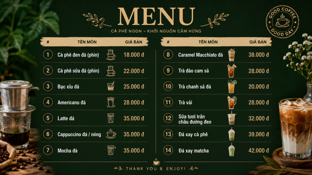 10 MENU MẪU QUÁN CÀ PHÊ THỊ TRƯỜNG TP HỒ CHÍ MINH / ảnh số 1 10 MENU MẪU QUÁN CÀ PHÊ THỊ TRƯỜNG TP HỒ CHÍ MINH / ảnh số 1